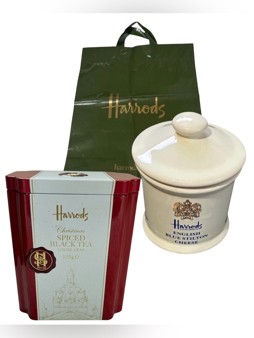 HARRODS BUNDLE VINTAGE CERAMIC CHEESE POT SHOPPING BAG CHRISTMAS TEA TIN LONDON